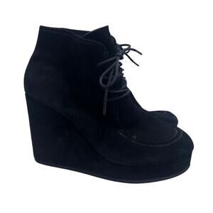 Office London Wedge Ankle Booties 41/10 Black Suede Leather Lace Up Shoes Whimsy